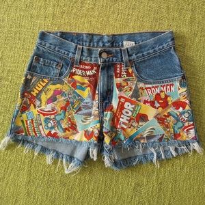Vintage levis shorts upcycled with marvel comic
